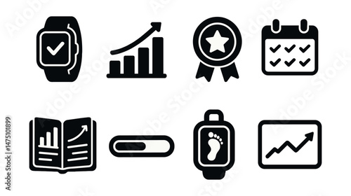 Fitness tracker icons set – silhouette, exercise and health monitoring symbols