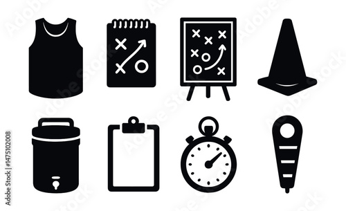 Sports training silhouette icons set – coaching tools and workout symbols