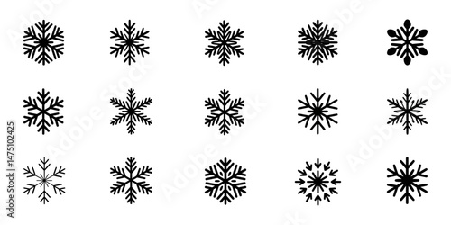 snowflake silhouettes, Set of decorative white snowflake silhouette isolated on dark blue. New year holiday decoration. Vector illustration, Snowflake icons set. Christmas and winter collection.