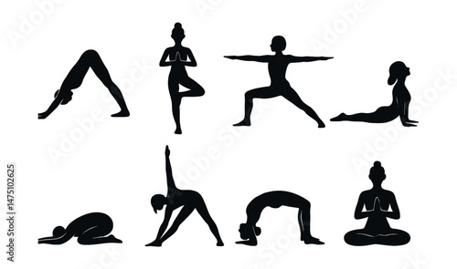 Yoga pose icons set – silhouette, meditation and wellness symbols for relaxation