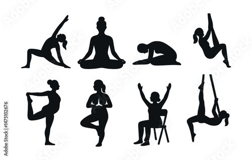 Yoga class silhouette icons set – simple, meditation and exercise graphic symbols
