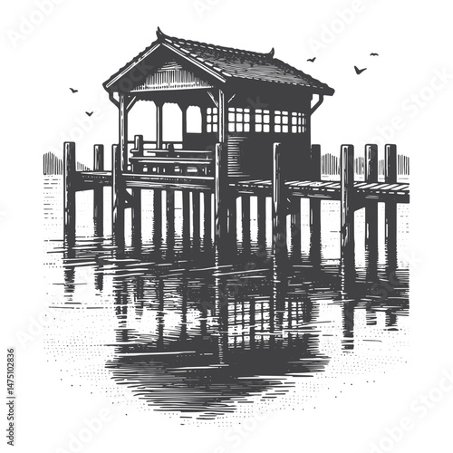 Vintage Hand-Drawn Pier with House Illustration – Coastal Scene Engraved Style Vector for T-Shirts, Posters, Stickers, and Nautical Themes Apparel