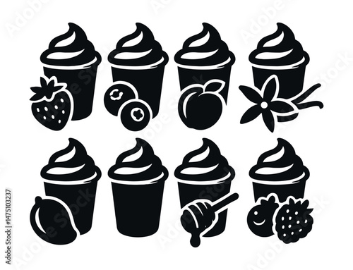Yogurt and fruit silhouette icons set – simple dairy, dessert, and berry symbols