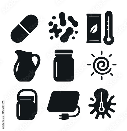 Fermentation and yogurt icons set - silhouette style, probiotic and culture symbols
