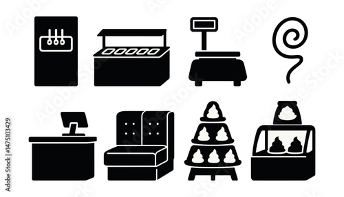 Yogurt shop icons set – silhouette, dessert and frozen treat design elements