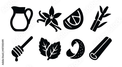 Yogurt ingredient icons set – silhouette, natural and food element symbols