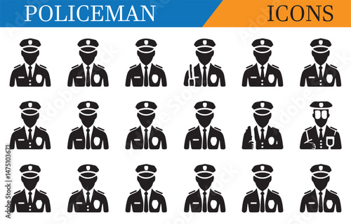 Set of police officer silhouettes in uniform, representing law enforcement, security, and public service in a minimalist black design.