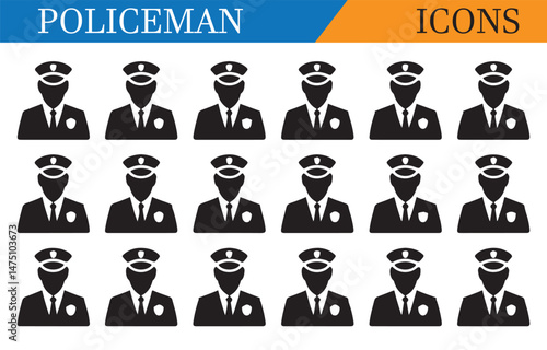 Set of police officer silhouettes in uniform, representing law enforcement, security, and public service in a minimalist black design.