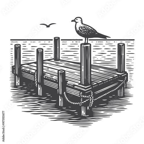 Vintage Hand-Drawn Dock with Seagull Illustration – Coastal Scene Engraved Style Vector for T-Shirts, Posters, Stickers, and Nautical Themes Apparel
