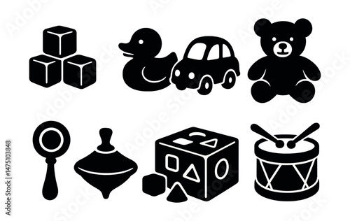 Childhood toy silhouette icons set – playful, nostalgic and kids' symbols