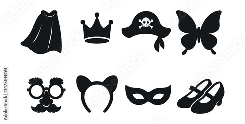 Dress up fun icons set – silhouette, masquerade and costume accessories symbols