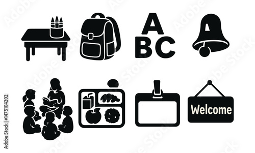 Classroom silhouette icons set – simple, education and school-themed vector graphics