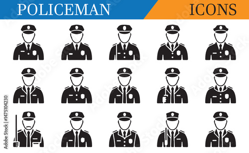 Set of police officer silhouettes in uniform, representing law enforcement, security, and public service in a minimalist black design.