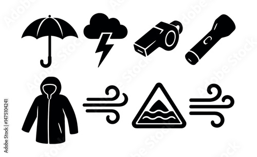 Storm survival icons set – silhouette, emergency preparedness and safety symbols