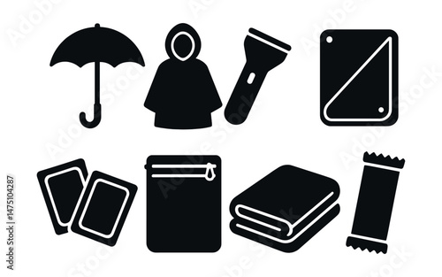 Emergency rain kit silhouette icons set – simple, essential weather preparedness symbols