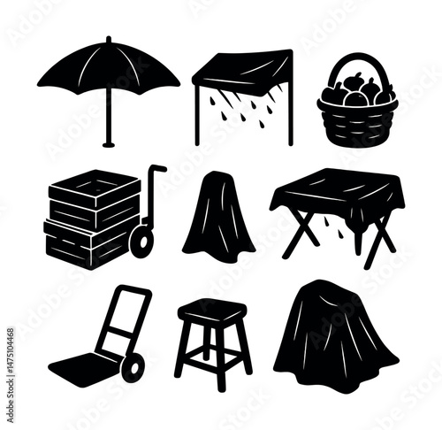 Rainy market icons set – silhouette, simple marketplace and weather symbols