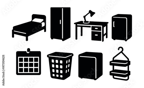 Student housing silhouette icons set – dorm, accommodation and residence essentials