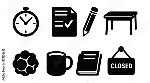 Exam essentials icons set – silhouette, study and education symbols