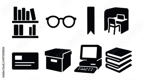 Library icons set – silhouette, book, and reading symbols for educational design