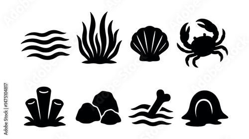Aquatic silhouette icons set – ocean floor, marine life and sea bed symbols