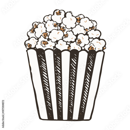 Hand-drawn popcorn bucket filled with popcorn on a white background  