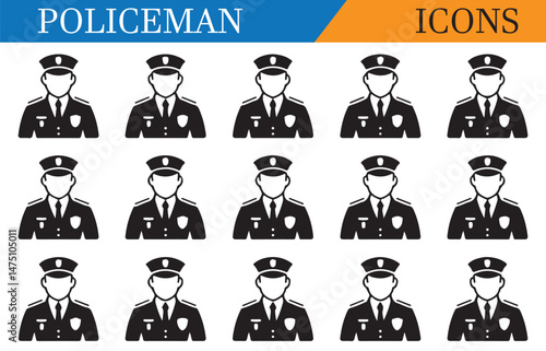 Set of police officer silhouettes in uniform, representing law enforcement, security, and public service in a minimalist black design.