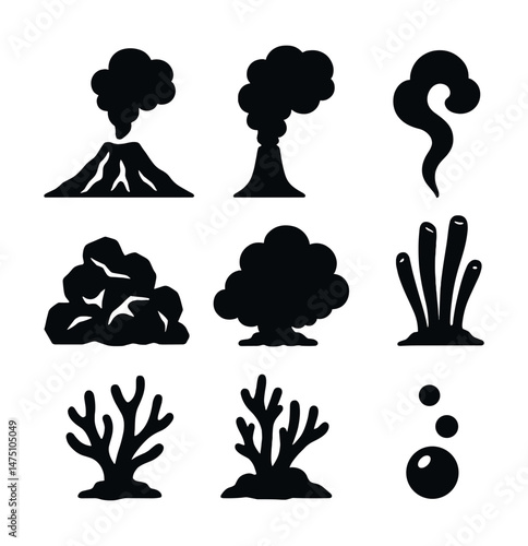 Underwater volcano icons set – silhouette, eruption and marine life symbols