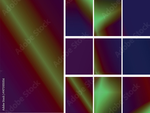 Grid of dark gradient color samples, deep purple and green, modern abstract swatches