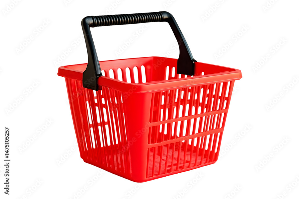 Fototapeta premium Empty red plastic shopping basket with black handles on white background