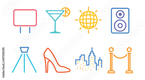 Neon nightlife icons set – outline, clubbing and party symbols for vibrant designs