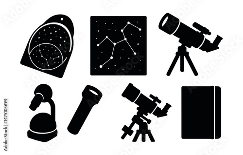 Astronomy silhouette icons set – night sky, stargazing, and telescope symbols