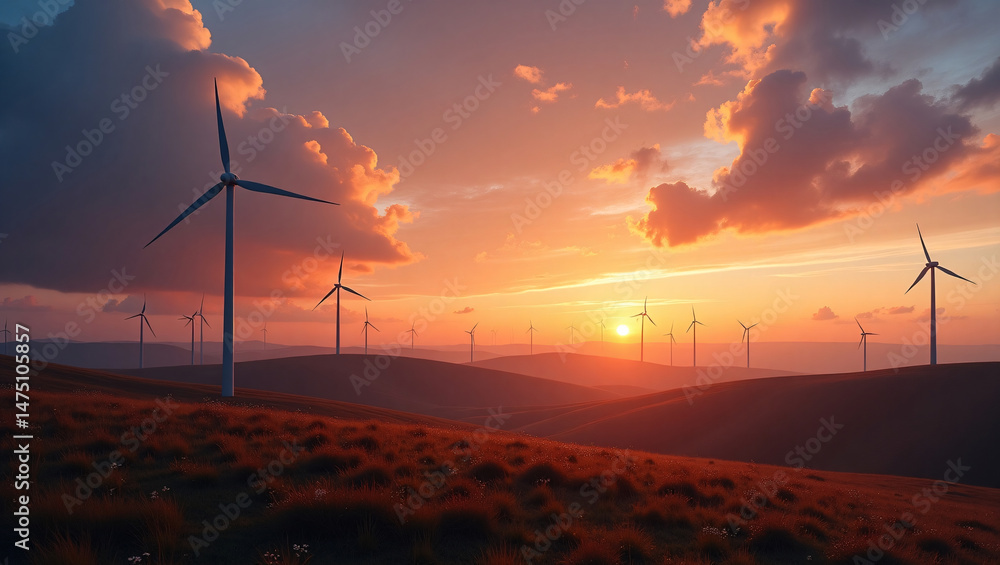 Obraz premium Wind turbines on a hill at sunset. The image features a beautiful sunset and multiple wind turbines generating clean energy.