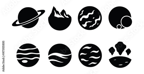 Alien planet silhouette icons set – unique, extraterrestrial world symbols collection