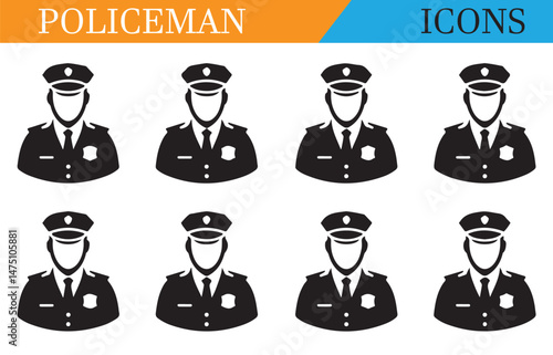 Set of police officer silhouettes in uniform, representing law enforcement, security, and public service in a minimalist black design.