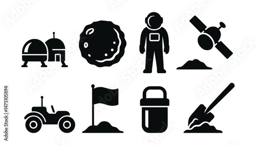 Moon exploration icons set – silhouette, lunar, space exploration symbols