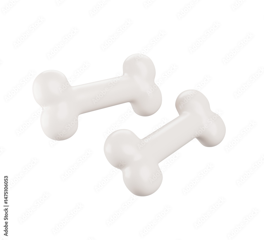 White bone 3d render icon set. Isolated dog food, treat or snack for pet. Human skeleton. Medical calcium health and strength bones. Spooky Halloween decoration. Magic attribute witch