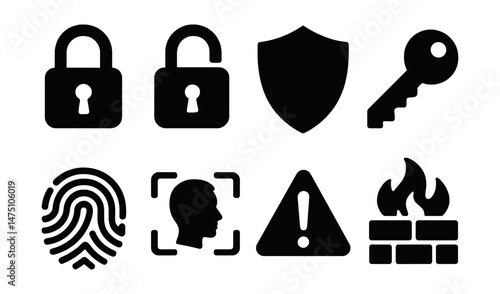 Security and protection silhouette icons set – simple, safety and defense graphics