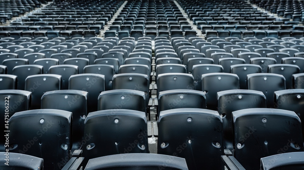 Naklejka premium Empty rows arranged black seats of outdoor tribune sport building stadium.