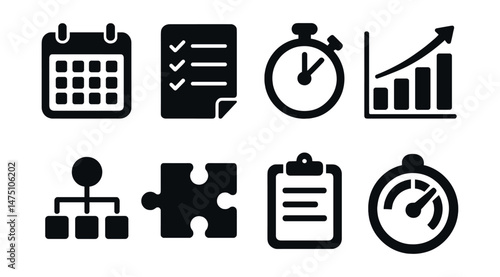 Project management silhouette icons set – task, schedule, planning essentials