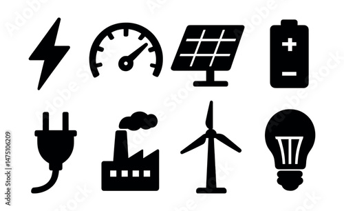 Energy and power silhouette icons set – minimalist, renewable and efficiency symbols