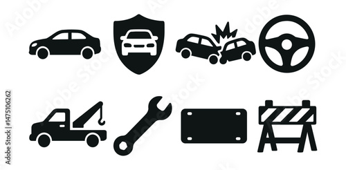 Car insurance silhouette icons set – simple, auto protection and coverage symbols