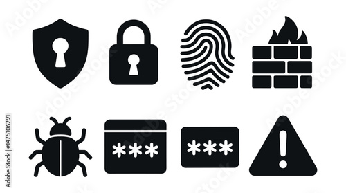 Cybersecurity icons set – silhouette, protection and network security symbols