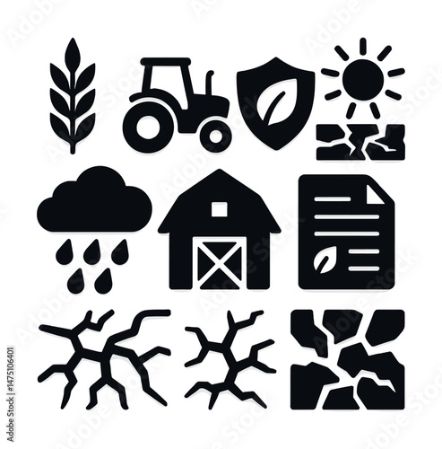 Farming and agriculture icons set – silhouette, barn and tractor symbols for apps