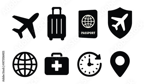 Travel essentials silhouette icons set – flat, vacation and journey symbols
