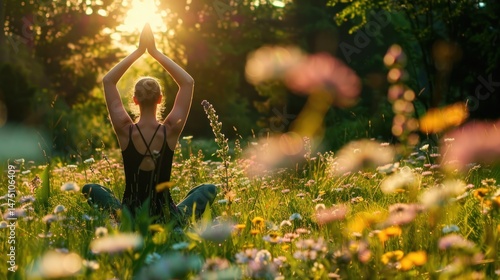 A woman doing yoga is sitting in a field of flowers at sunny day