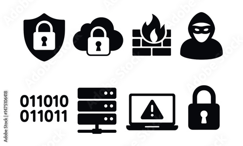 Cybersecurity icons set – silhouette, network security and data protection symbols