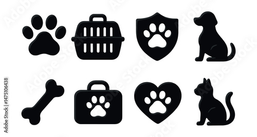 Pet insurance silhouette icons set – animal care, protection, and safety symbols