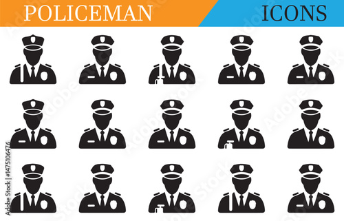 Set of police officer silhouettes in uniform, representing law enforcement, security, and public service in a minimalist black design.