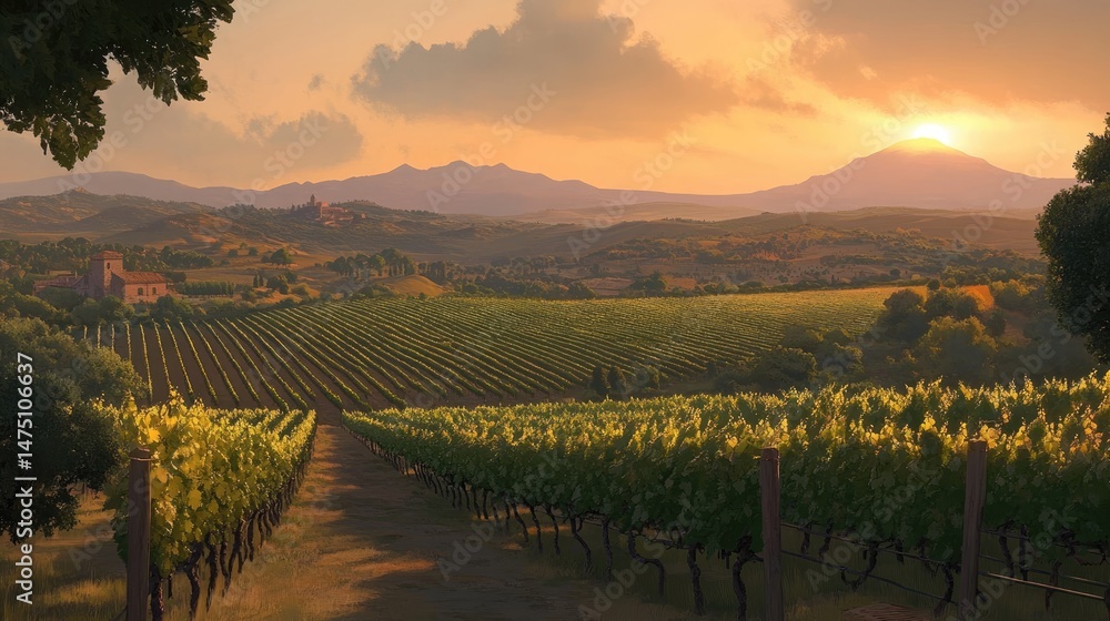 Naklejka premium Tuscan Vineyard Sunset: Golden Hour in Italy's Wine Country