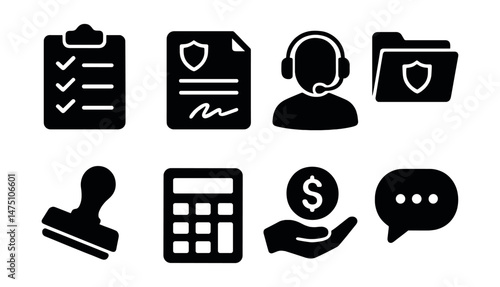 Insurance icons set – silhouette, protection and safety symbols for policies